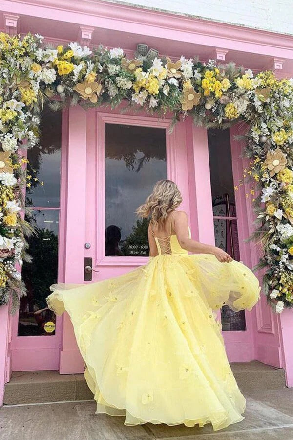 Yellow Spaghetti Strap 3D Floral Tulle Ball Gown with Lace-Up Back