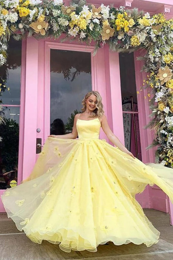 Yellow Spaghetti Strap 3D Floral Tulle Ball Gown with Lace-Up Back