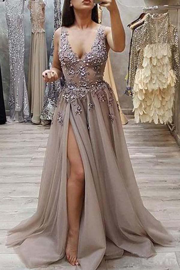 Robe de bal élégante en forme de A, col en V, épaules dénudées, avec fente et longueur au sol