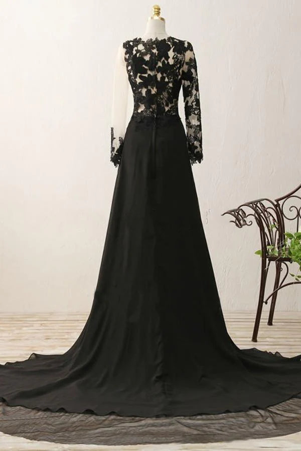 Noble black A-line V-neck long sleeved sheer applique black evening dress ball dress