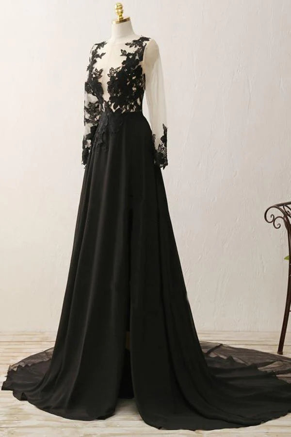 Noble black A-line V-neck long sleeved sheer applique black evening dress ball dress