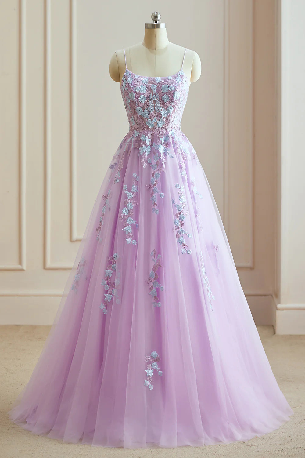 Einfaches A-Linie Spaghettiträger Tüll Langes Ballkleid mit Applikation 
