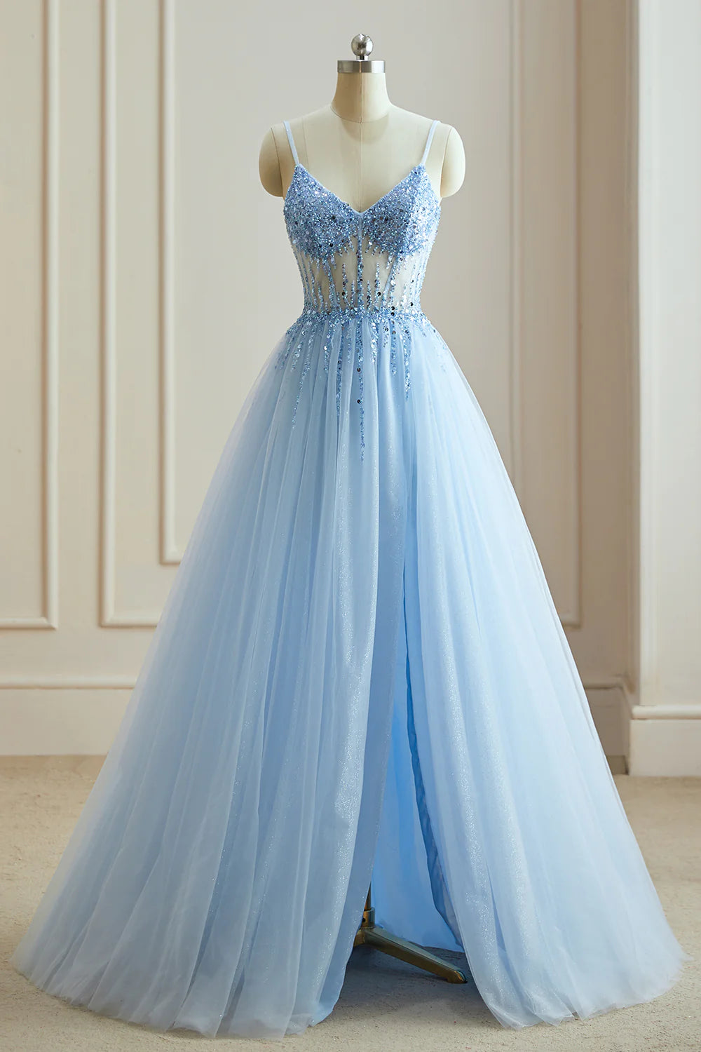 A-Line V-Neck Spaghetti Straps Beads Modest Tulle Cheap Evening Prom Dresses
