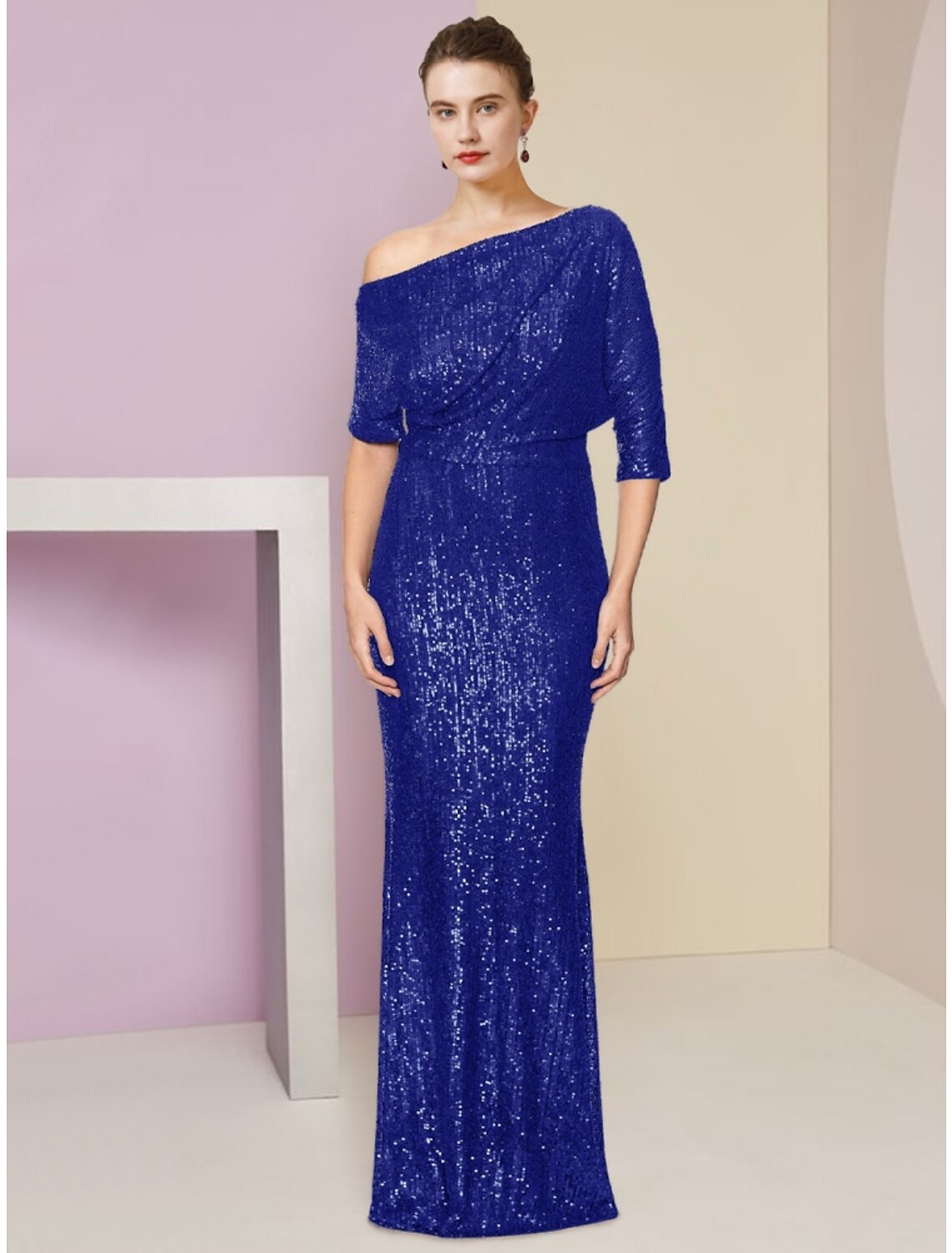 Etuikleid/Säulenkleid für die Mutter der Braut, Hochzeitsgast, Sparkle &amp; Shine, elegant, schulterfrei, Sweep/Pinselzug, Pailletten, halbe Ärmel mit Paillettenrüschen, einfarbig