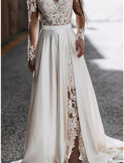 Beach Mature Wedding Dresses A-Line Off Shoulder Long Sleeve Court Train Satin Bridal Gowns With Pleats Split Front