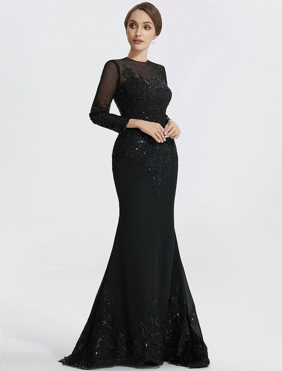 Meerjungfrau/Trompete Etuikleid/Säule Abendkleid Elegantes Kleid Formale Bodenlange Langarm Schmuckhals Spitze mit Applikationen