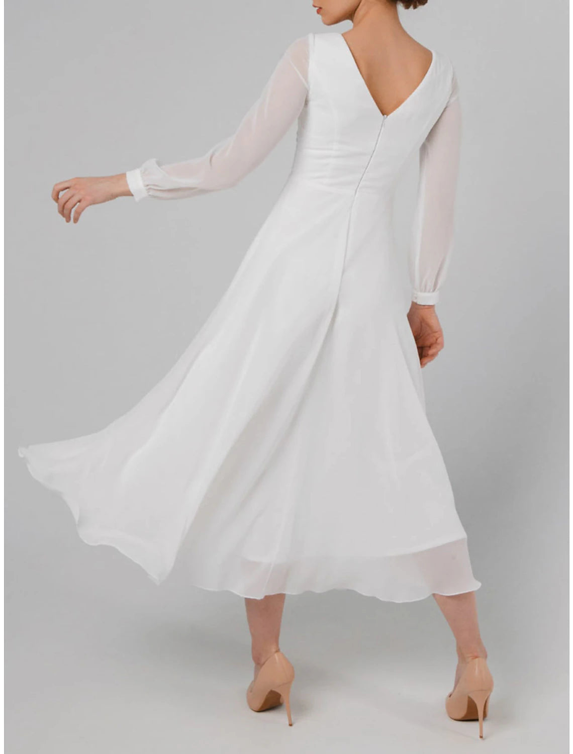 A-Line Cocktail Dresses Little White Dresses Dress Wedding Reception Tea Length Long Sleeve Jewel Neck Fall Wedding Guest Cotton V Back with Ruffles Pure Color