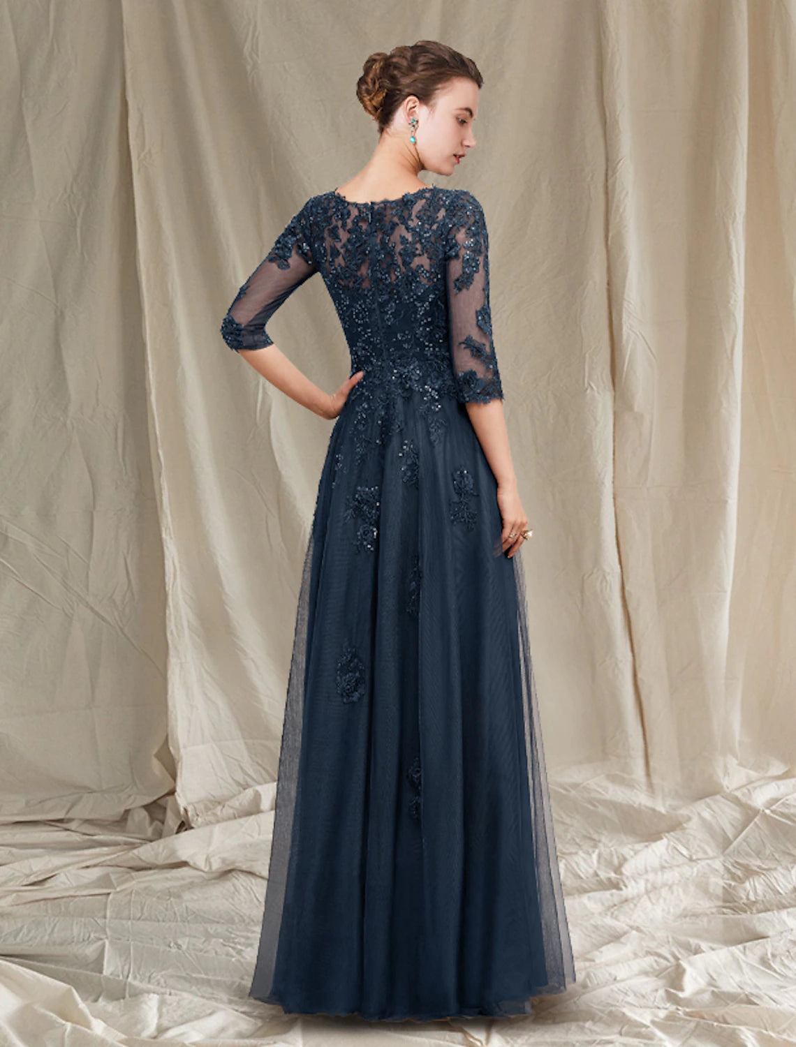 A-Linien-Kleid für die Brautmutter, elegant, luxuriös, V-Ausschnitt, bodenlang, Chiffon, Spitze, Tüll, halbe Ärmel mit Pailletten-Applikationen
