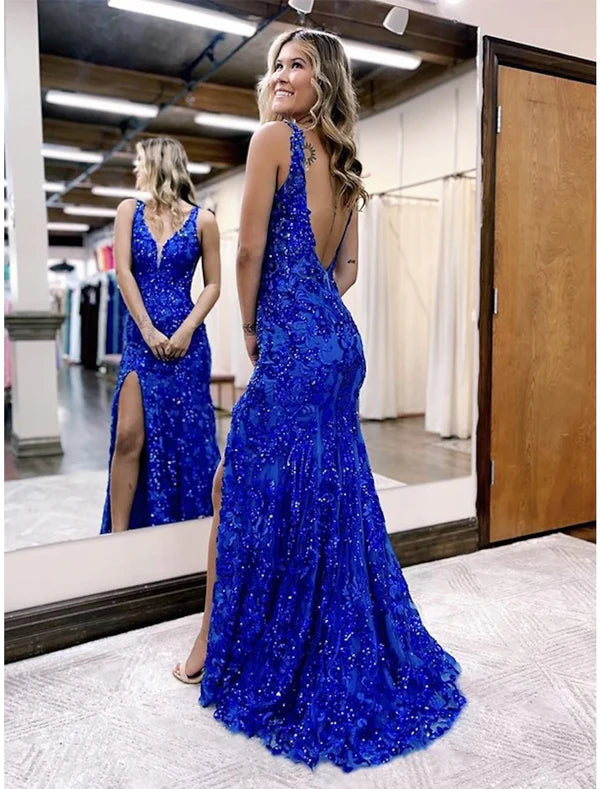 Robe de bal sirène/trompette scintillante et brillante, traîne formelle sans manches, col en V, dos nu pailleté