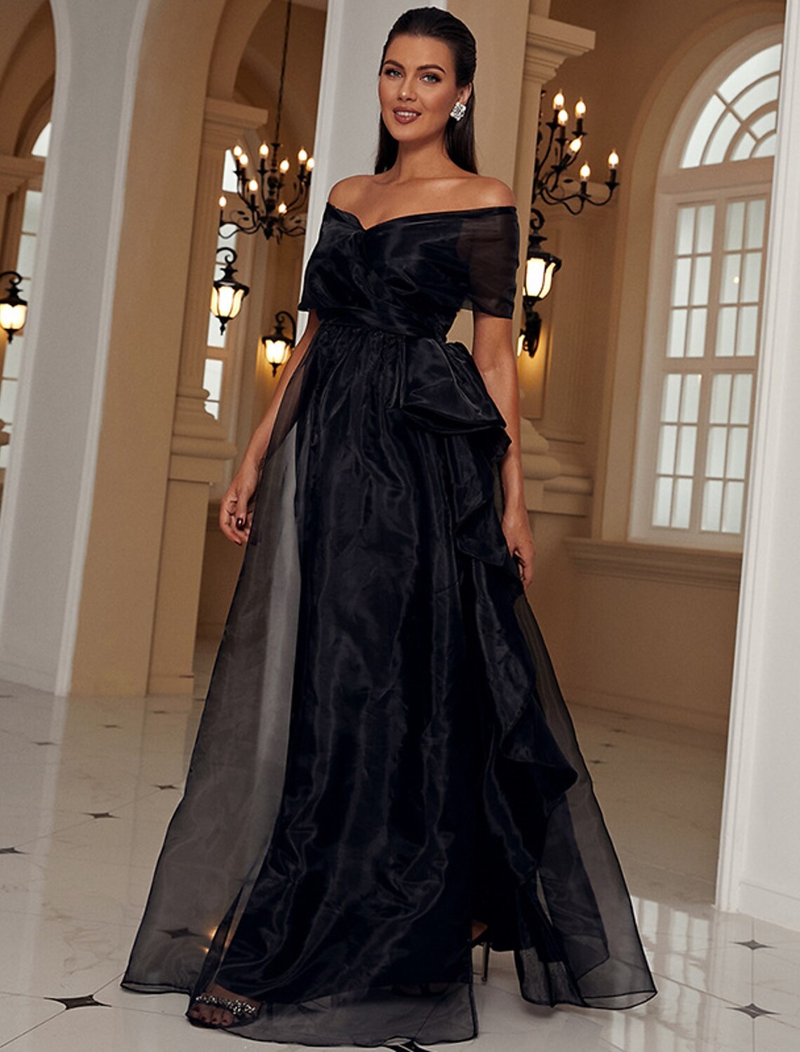 A-Linien-Abendkleid, sexy Kleid, formelle Hochzeitsgäste, bodenlang, kurze Ärmel, schulterfrei, Wednesday Addams Family, Polyester mit Rüschen, Schlitz