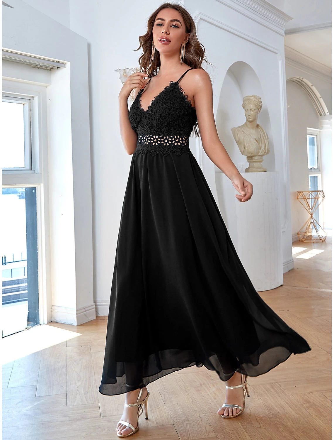 A-Linie, elegantes Vintage-Partykleid, formelles Abendkleid, V-Ausschnitt, ärmellos, knöchellang, Chiffon mit Pailletten, reine Farbspleißung