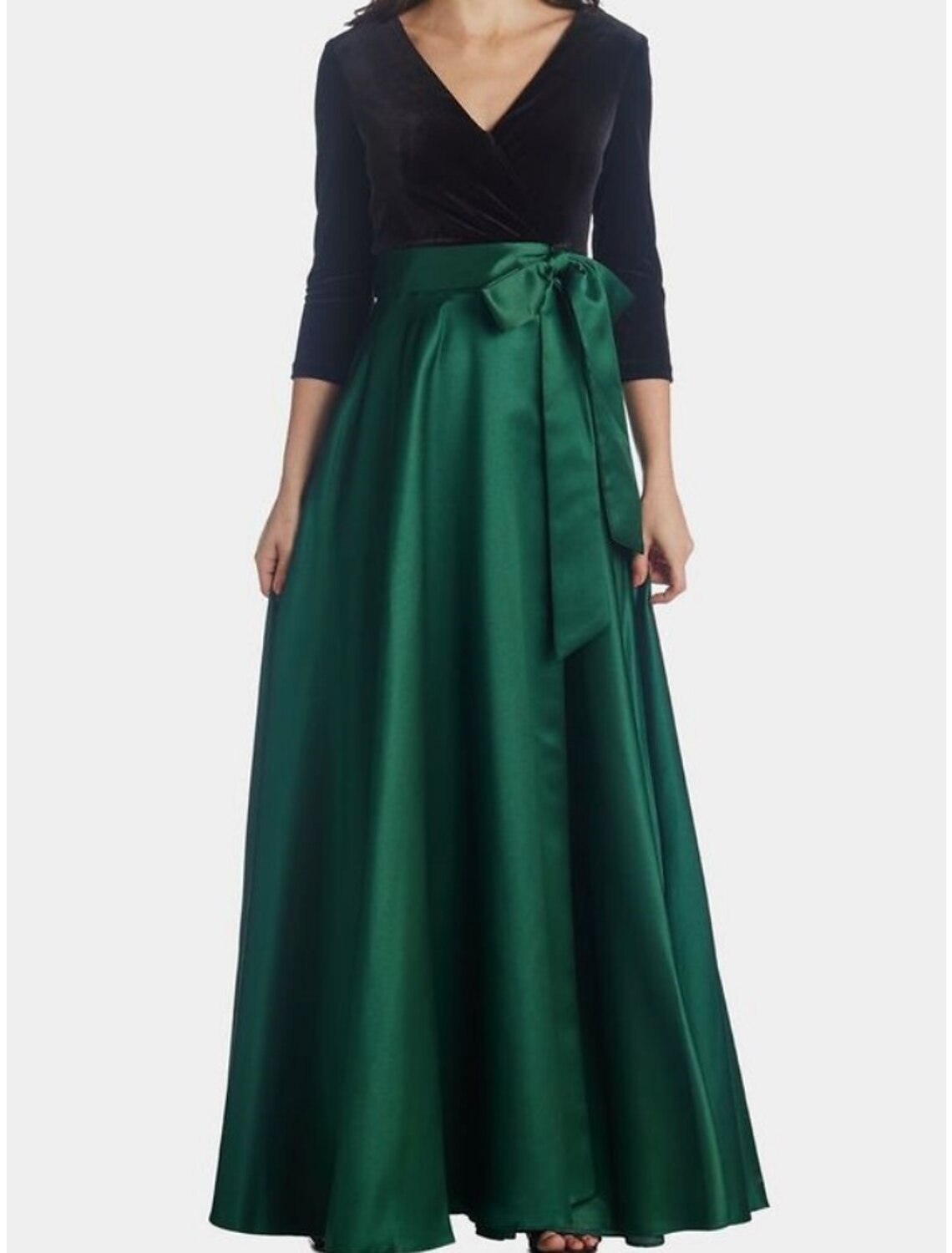A-Linie Kleid für die Mutter der Braut, Hochzeitsgast, elegant, V-Ausschnitt, bodenlang, Satin-Samt, 3/4-Ärmel, mit Schleife(n), Rüschen
