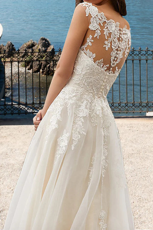 Robe de mariée de plage, traîne royale, dentelle, appliques, coupe trapèze, col en V, robe de mariée d'été