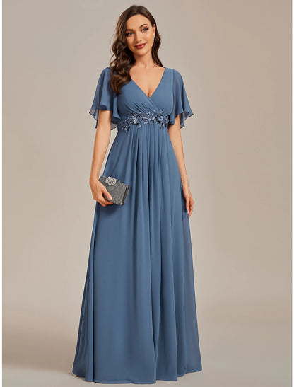 A-Line Wedding Guest Dresses Elegant Dress Formal Wedding Sweep / Brush Train Short Sleeve V Neck Chiffon with Ruched Appliques