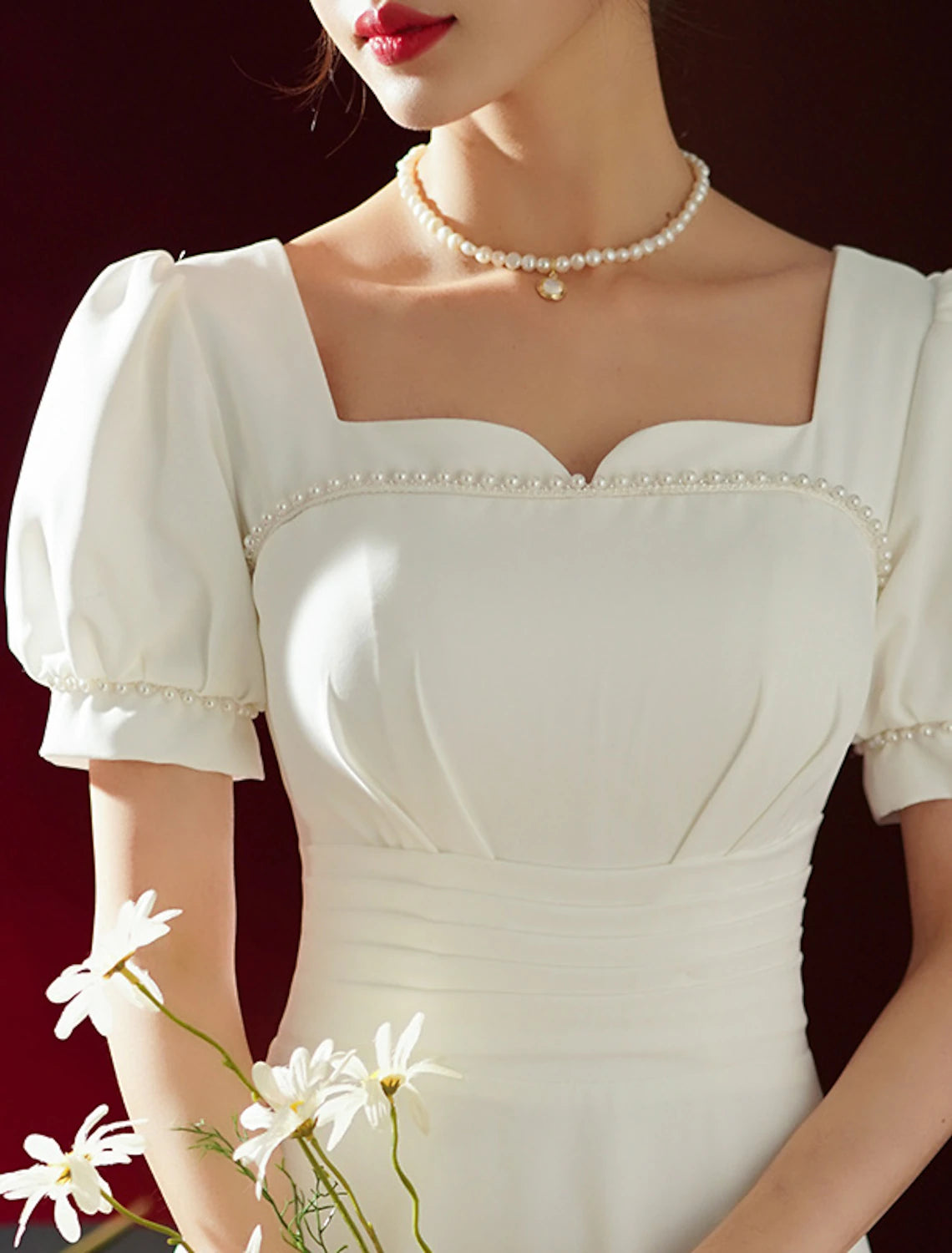 Reception Little White Dresses Wedding Dresses A-Line Sweetheart Short Sleeve Tea Length Stretch Fabric Bridal Gowns With Solid Color