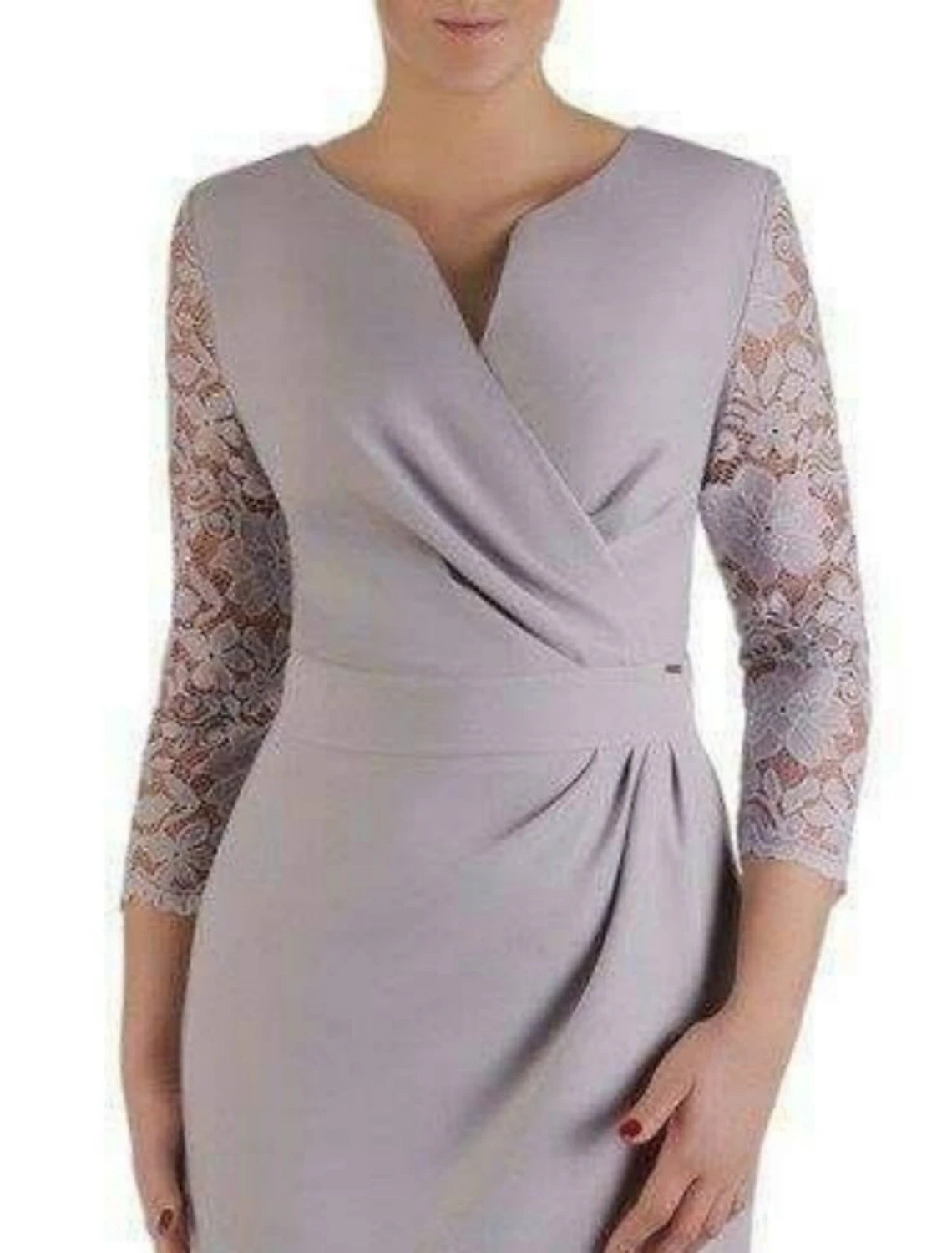 Etuikleid/Säulenkleid für die Brautmutter, elegant, minimalistisch, V-Ausschnitt, knielang, Spitze, Stretchstoff, 3/4-Ärmel mit Rüschen