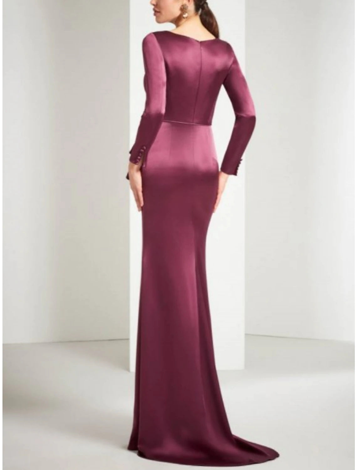 Etui-Linie/Säulenkleid für die Brautmutter, elegantes U-Ausschnitt-Kleid mit Pinselschleppe, Satin, lange Ärmel, mit Rüschen, Applikationen, einfarbig