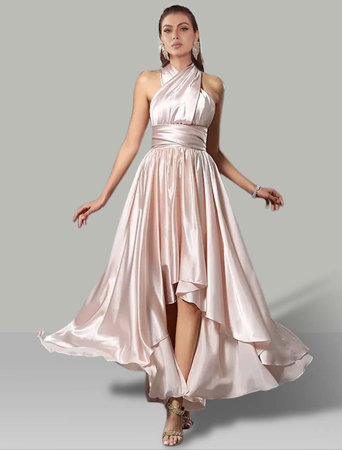 Robe de mariée trapèze asymétrique sans manches, col en V, convertible, en satin avec fronces