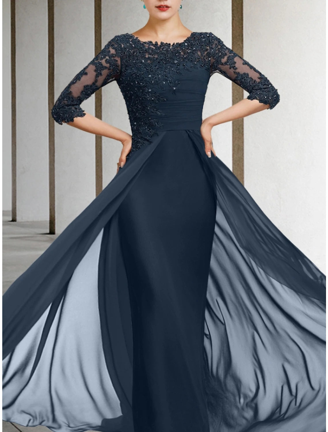 Etuikleid/Säulenkleid für die Brautmutter, Hochzeitsgast, elegant, Rundhalsausschnitt, bodenlang, Chiffon, Spitze, halbe Ärmel, mit Pailletten, Rüschen, einfarbig