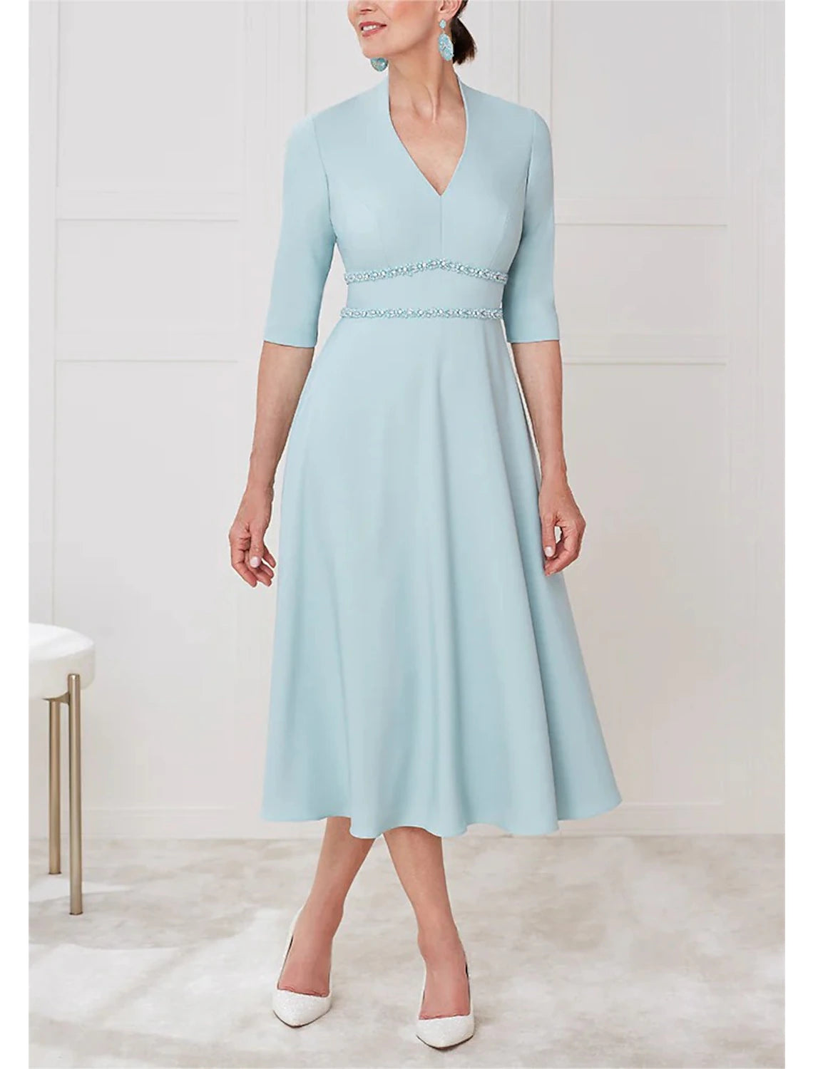 A-Linie Kleid für die Brautmutter, Kentucky-Derby-Kleid, formelle Hochzeitsgäste, elegant, V-Ausschnitt, knielang, Chiffon, halbe Ärmel, mit Schärpe/Band, einfarbig