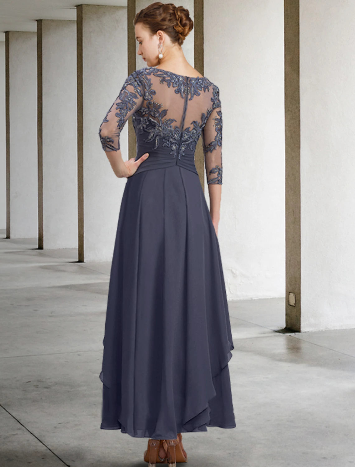 A-Linien-Kleid für die Brautmutter, Applikationen, Herbst, Hochzeitsgast, Übergröße, elegant, U-Ausschnitt, knöchellang, Chiffon, Spitze, Pailletten, 3/4-Ärmel mit Rüschen