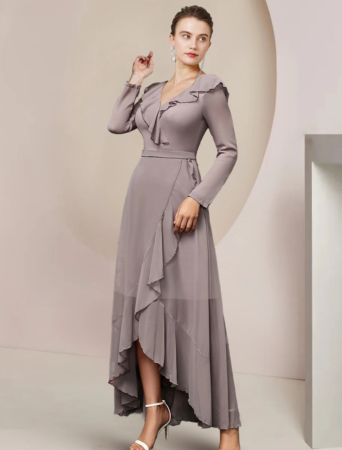 A-Linien-Kleid für die Mutter der Braut, Hochzeitsgast, elegant, V-Ausschnitt, asymmetrisch, knöchellang, Chiffon, lange Ärmel, mit Rüschen, einfarbig
