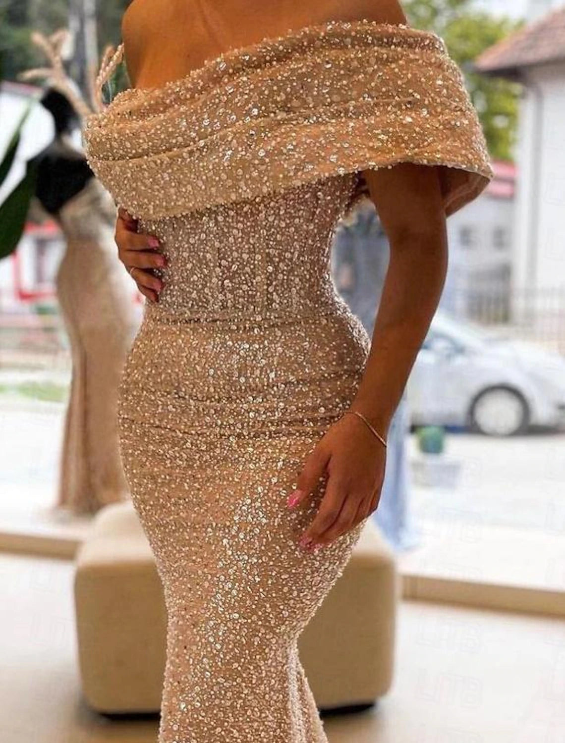 Meerjungfrau/Trompete Abendkleid Elegantes Kleid Formale Bodenlange Ärmellos Schulterfrei Pailletten mit Pailletten