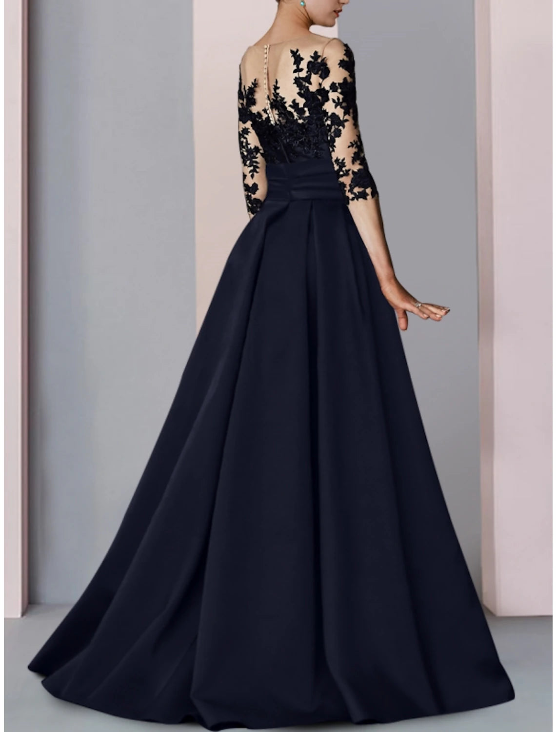A-Linien-Abendkleid mit hohem Schlitz, formeller Herbst-Schleppe, halblange Ärmel, Illusionsausschnitt, Satin mit Schlitzstickerei