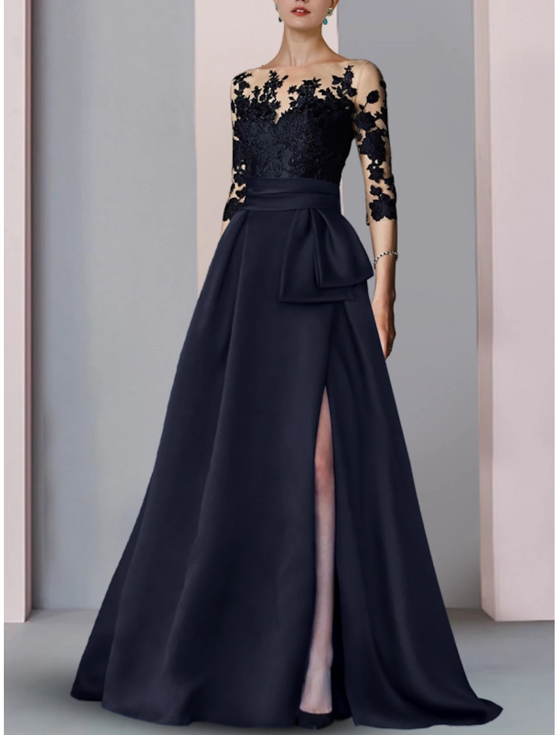 A-Linien-Abendkleid mit hohem Schlitz, formeller Herbst-Schleppe, halblange Ärmel, Illusionsausschnitt, Satin mit Schlitzstickerei
