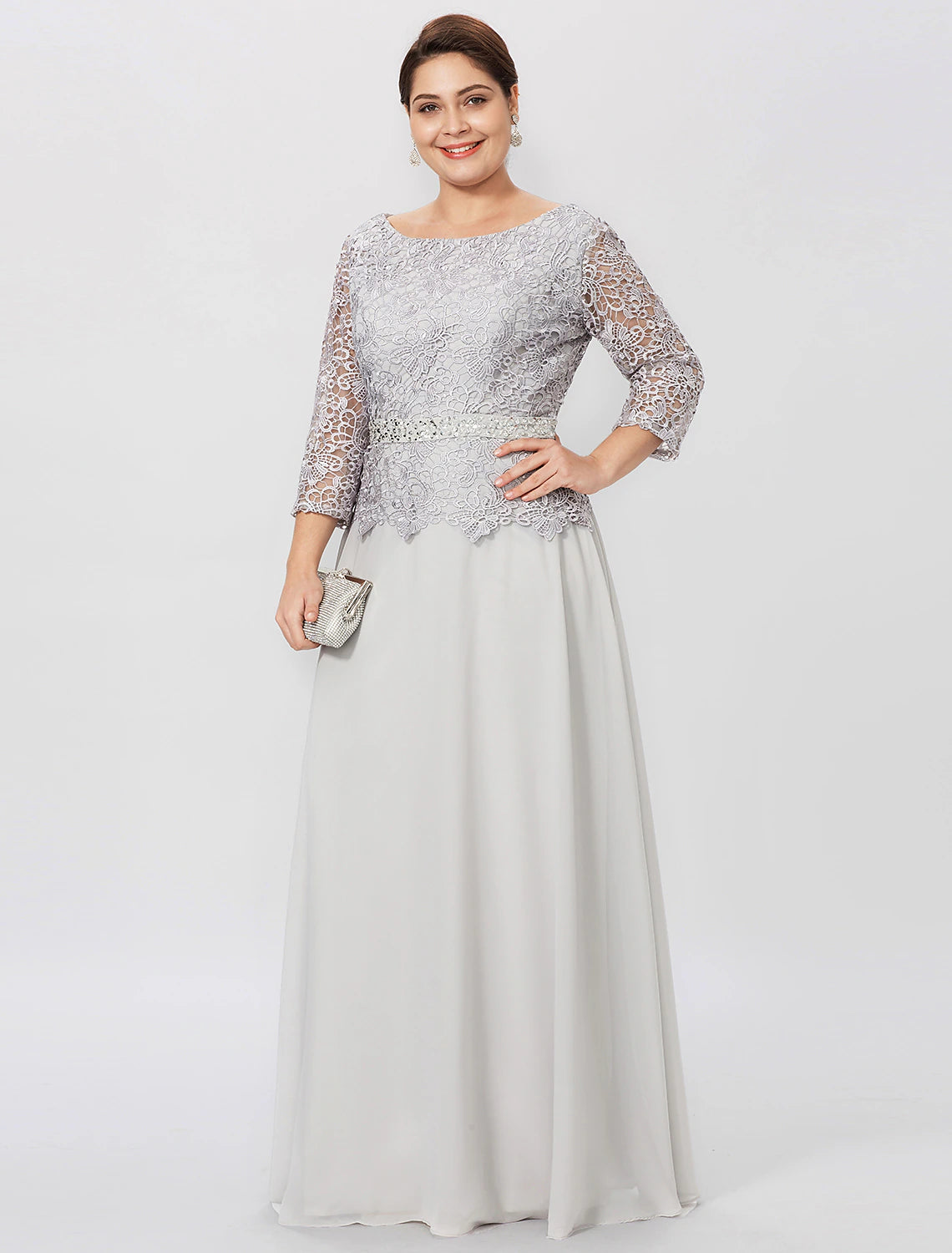 Etuikleid/Säulenkleid für die Brautmutter, formell, Übergröße, elegant, Rundhalsausschnitt, bodenlang, Chiffon, Kordelspitze, 3/4-Ärmel, nein, mit Spitze
