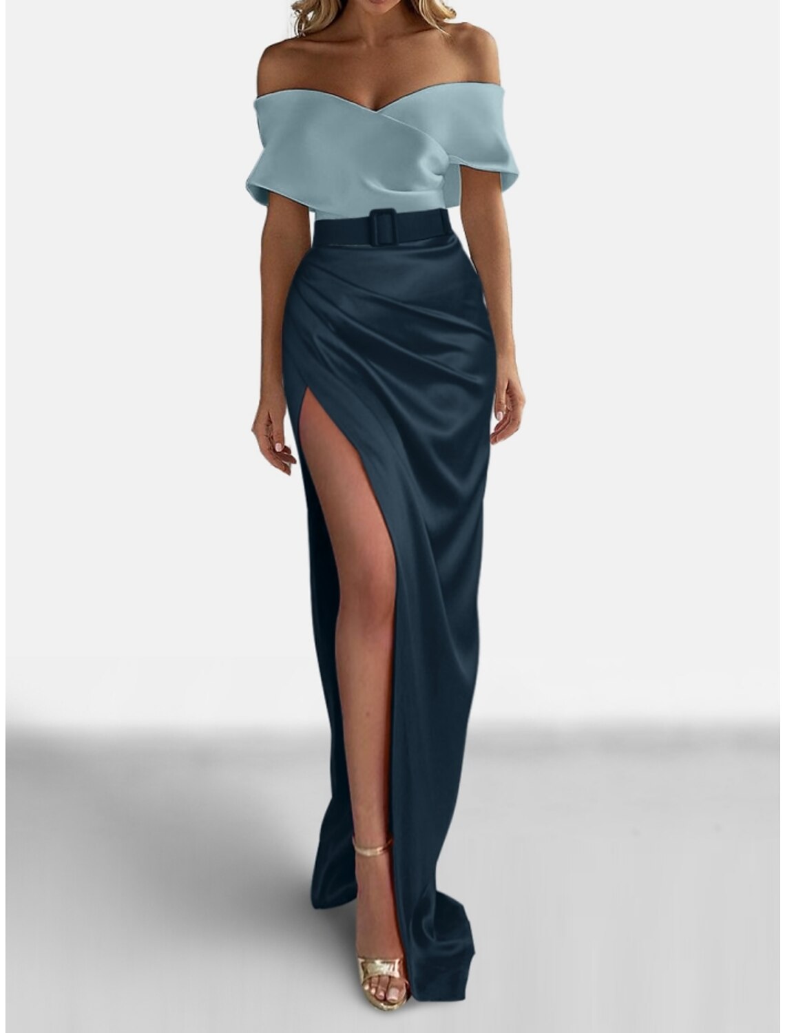 Etuikleid Abendkleid Elegantes Kleid Formal Sweep / Brush Train Rot Grün Kleid Kurzarm Off Shoulder Satin mit gerüschtem Schlitz