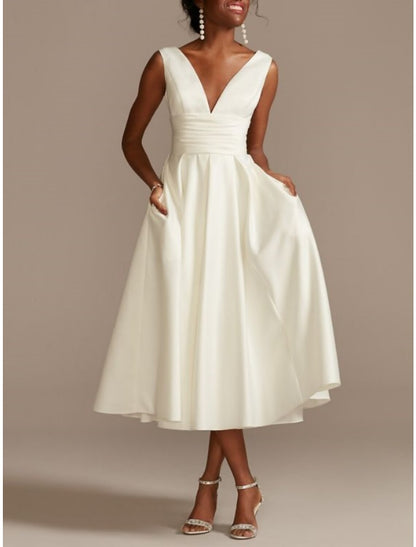 Little White Dresses Wedding Dresses A-Line V Neck Sleeveless Tea Length Satin Bridal Gowns With Pleats Solid Color