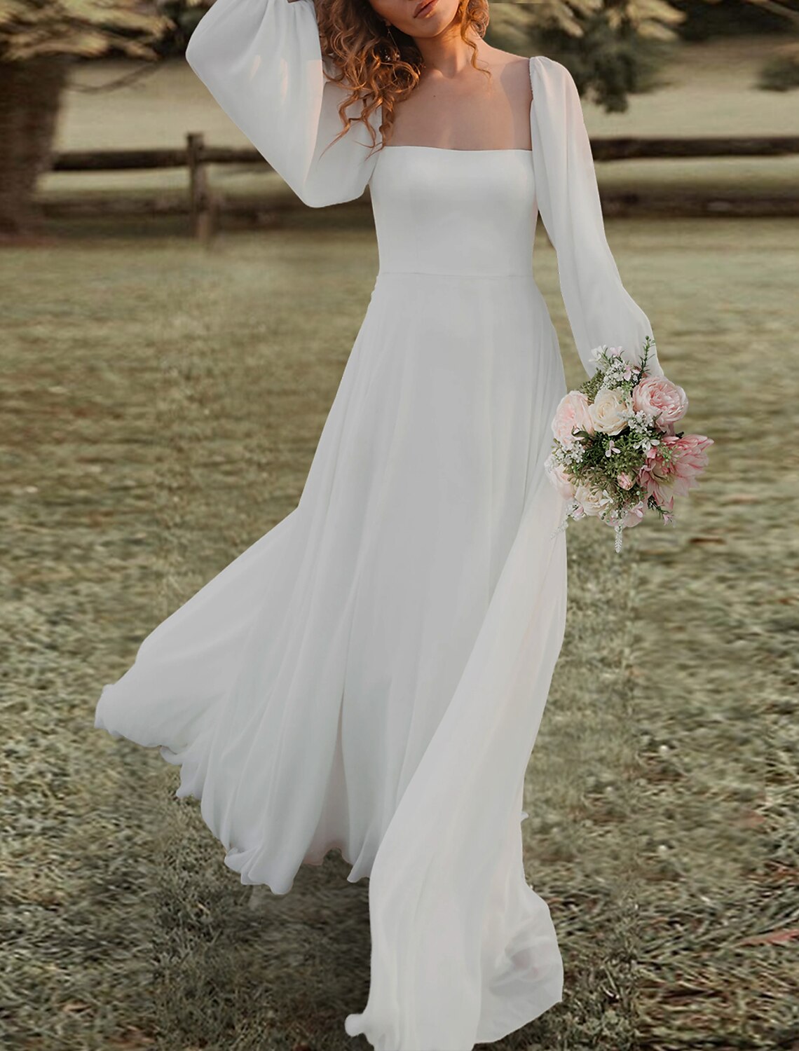Robes de mariée de fiançailles dos nu, coupe trapèze, col carré, manches longues, traîne courte, en mousseline de soie, couleur unie