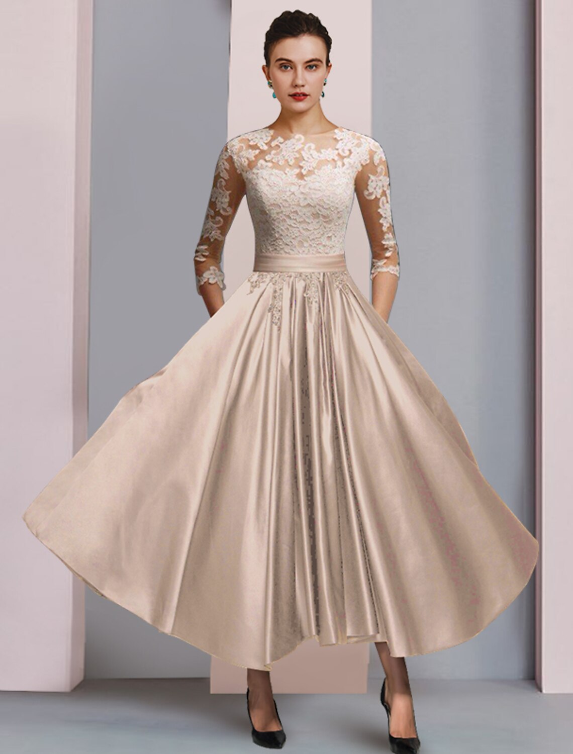 A-Linien-Kleid für die Mutter der Braut, formelle Hochzeit, Gast, elegante Party, U-Ausschnitt, knöchellang, Satinspitze, 3/4-Ärmel mit Faltenapplikationen