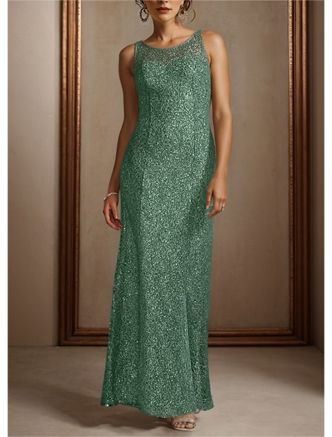 Two Piece Mermaid / Trumpet Mother of the Bride Dress Formal Wedding Guest Elegant Jewel Neck Floor Length Chiffon Sequined 3/4 Length Sleeve Wrap Included with Beading Sequin