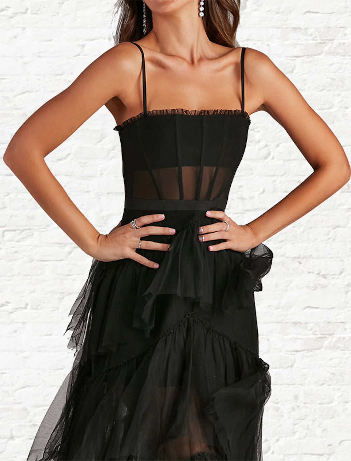 Robe de bal trapèze, corset, tenue de soirée, longueur cheville, sans manches, sans bretelles, en tulle, dos à volants, couleur unie