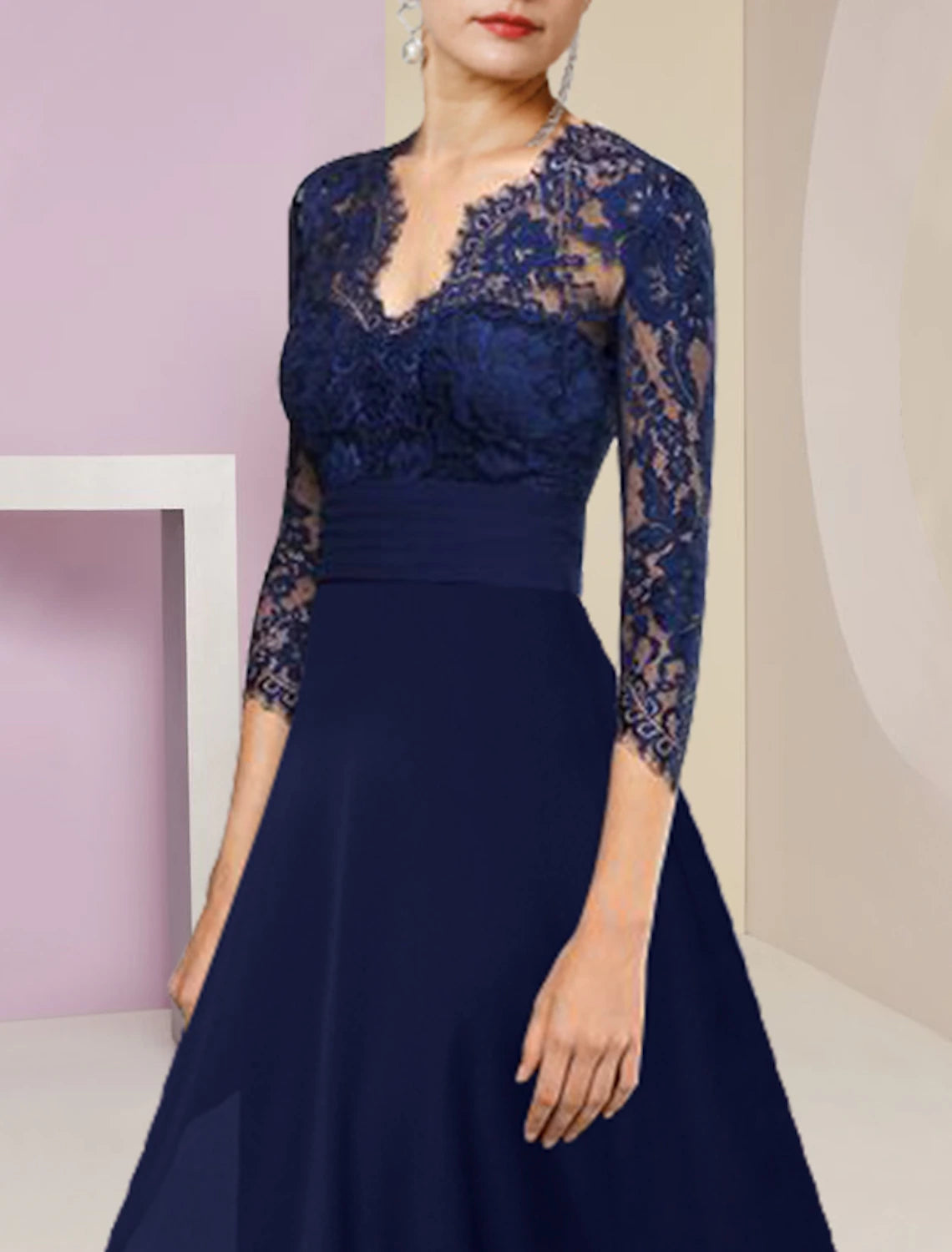 A-Linien-Kleid für die Mutter der Braut, formelle Hochzeitsgäste, elegant, hoch und tief, V-Ausschnitt, asymmetrisch, knielang, Chiffon, Spitze, 3/4-Ärmel mit Rüschen