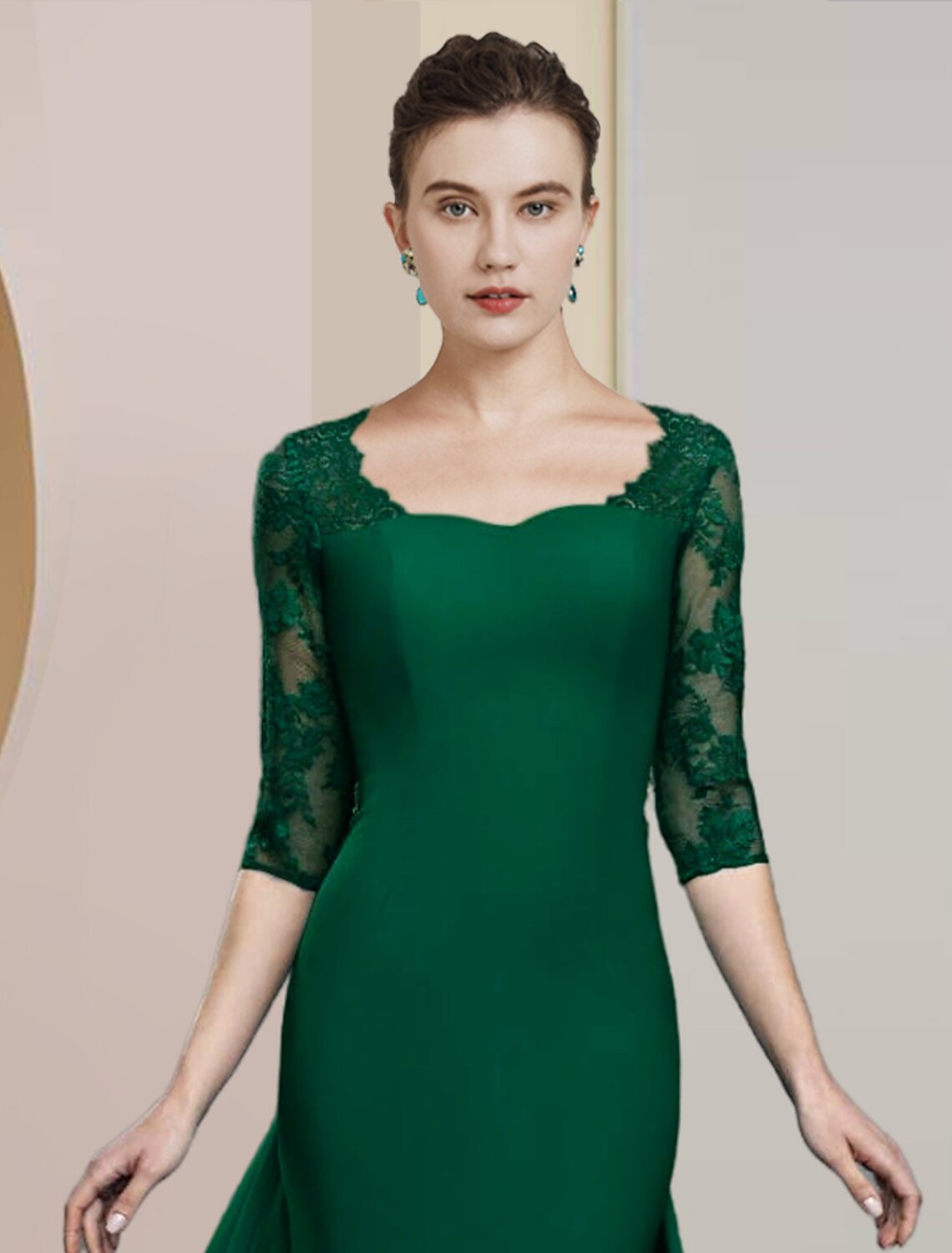 Etuikleid/Säulenkleid für die Brautmutter, formeller Hochzeitsgast, elegant, Rundhalsausschnitt, bodenlang, Chiffon, Spitze, halbe Ärmel mit Applikationen
