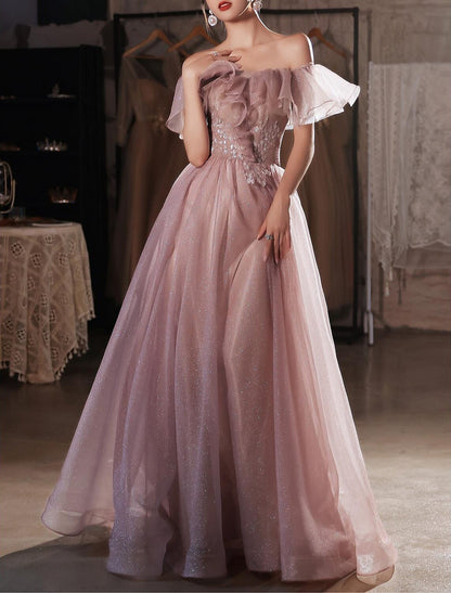 A-Line Beautiful Back Elegant Prom Formal Evening Birthday Dress Off Shoulder Short Sleeve Floor Length Lace with Appliques