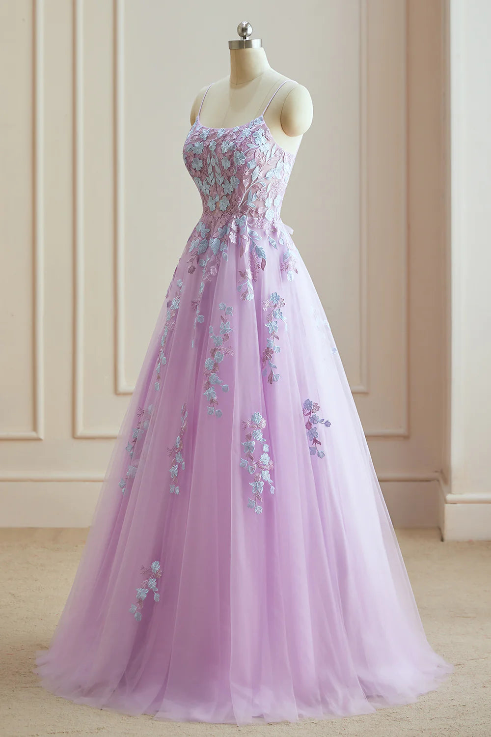 Einfaches A-Linie Spaghettiträger Tüll Langes Ballkleid mit Applikation 