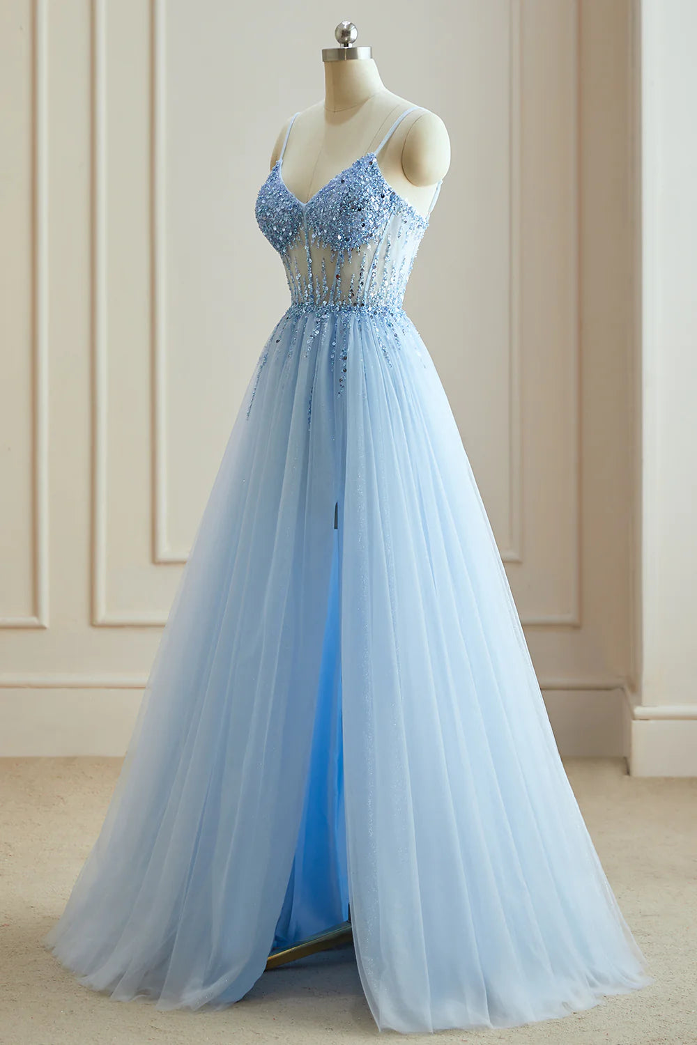 A-Line V-Neck Spaghetti Straps Beads Modest Tulle Cheap Evening Prom Dresses