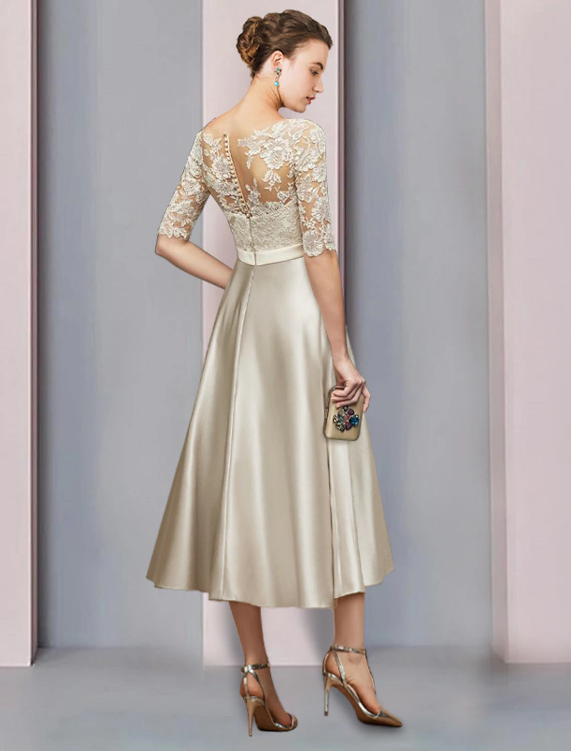 Etuikleid/Säulenkleid für die Brautmutter, Hochzeitsgast, elegantes Partykleid, U-Ausschnitt, bodenlang, Satin, Spitze, halbe Ärmel, mit Schleife(n), Falten