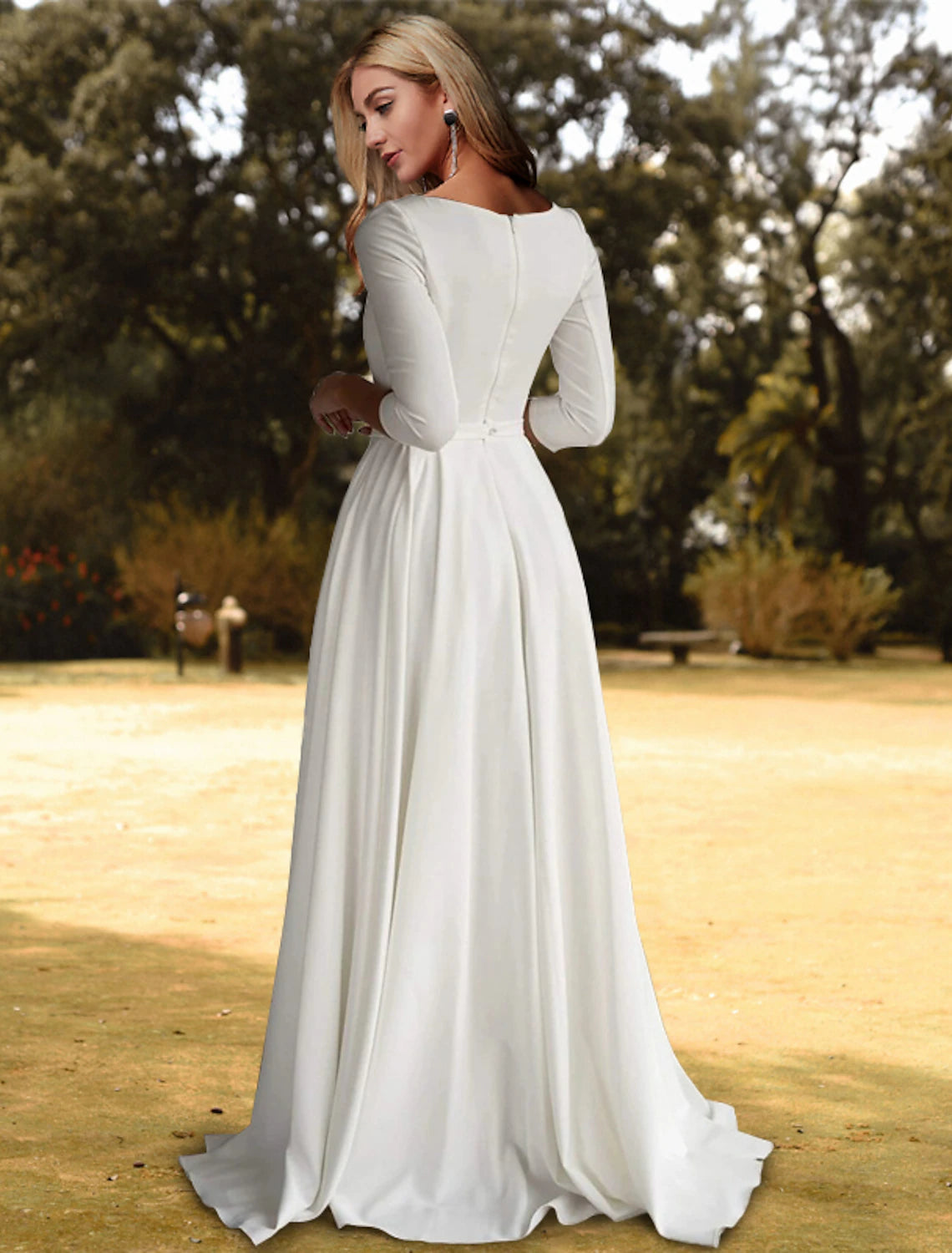 Robe de mariée décontractée d'automne, coupe trapèze, col rond, manches 3/4, traîne courte, tissu extensible, plissée, couleur unie