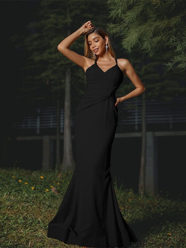 Sheath/Column Stretch Crepe Ruched V-neck Sleeveless Floor-Length Bridesmaid Dresses