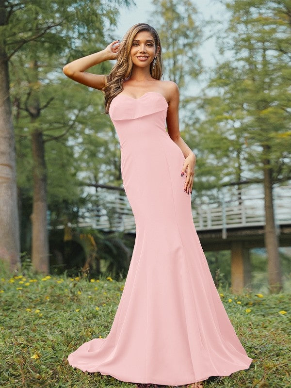Sheath/Column Stretch Crepe Ruched Sweetheart Sleeveless Sweep/Brush Train Bridesmaid Dresses