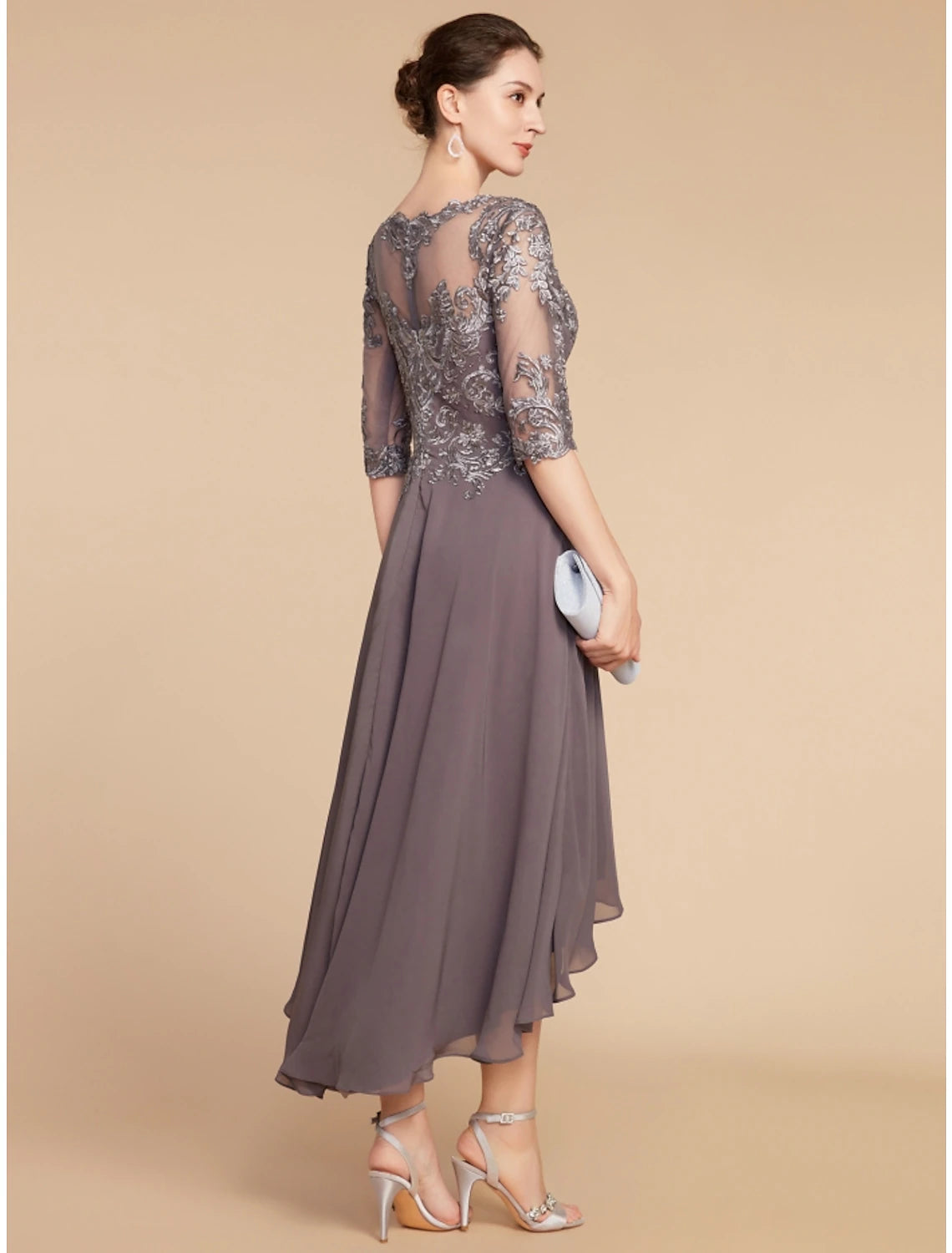A-Line Mother of the Bride Dress Wedding Guest Elegant Vintage Scoop Neck Asymmetrical Chiffon Lace Half Sleeve with Ruching Solid Color