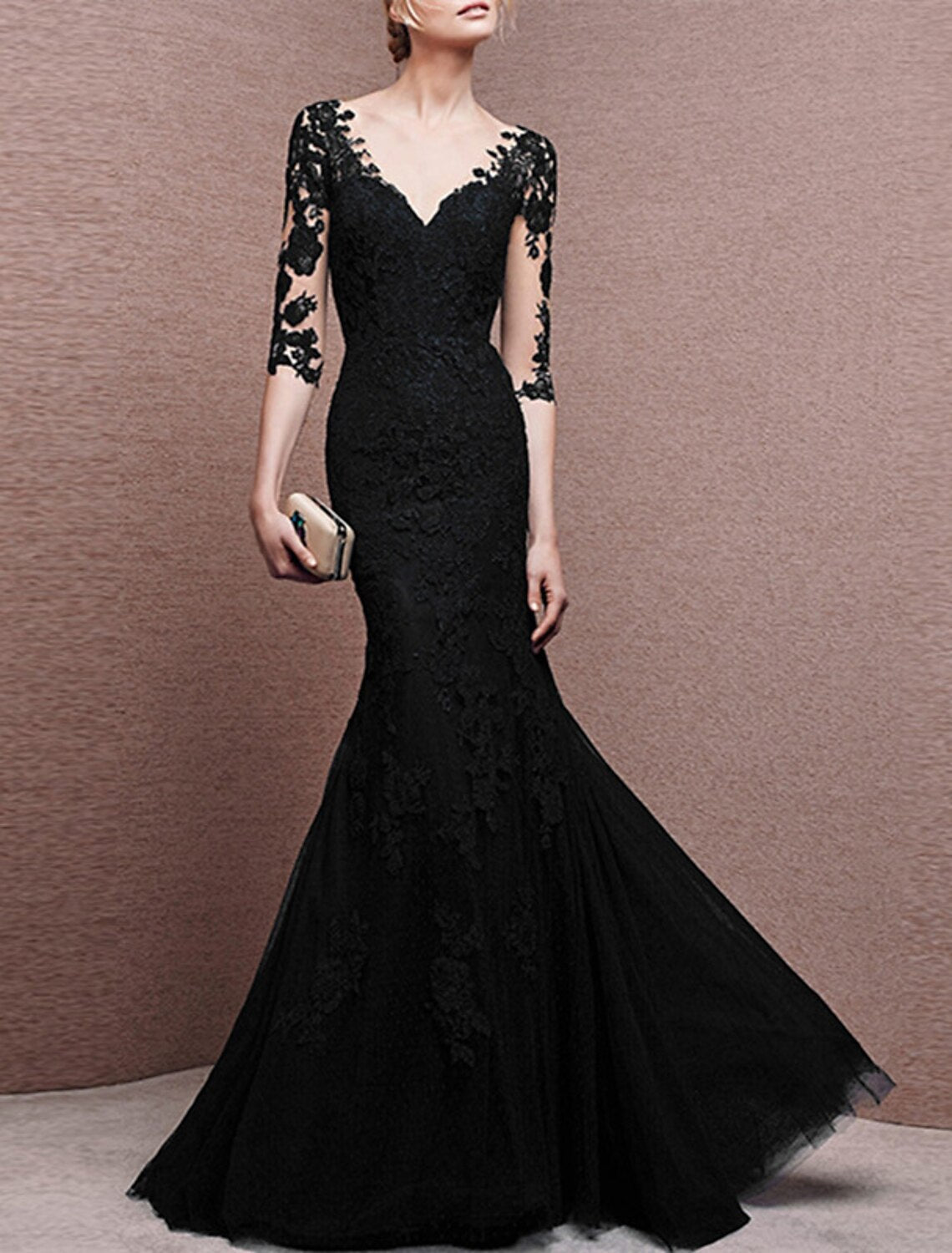 Meerjungfrau/Trompete Abendkleid Elegantes Kleid Formeller Hochzeitsgast Bodenlang Halbarm V-Ausschnitt Tüll mit Knöpfen Applikationen