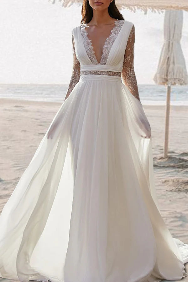 Robe de mariée bohème de plage, coupe trapèze, col en V, longueur au sol, manches longues, robe de mariée d'été