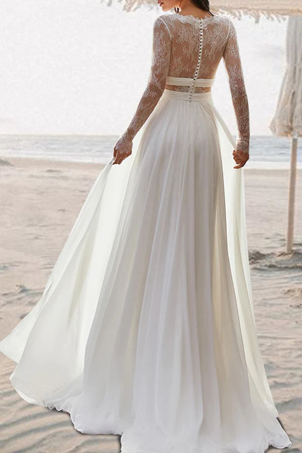 Robe de mariée bohème de plage, coupe trapèze, col en V, longueur au sol, manches longues, robe de mariée d'été