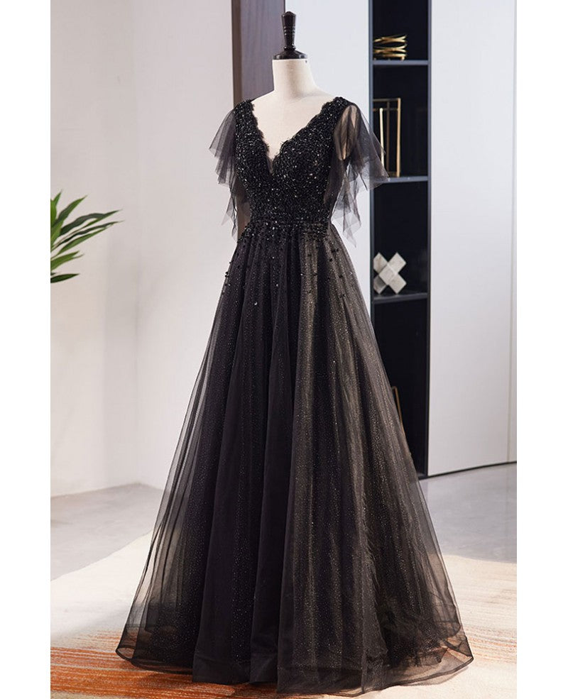 Unique and elegant black beaded sequin short sleeved ball dress with black A-shaped princess V-neck backless strap and floor length evening dress